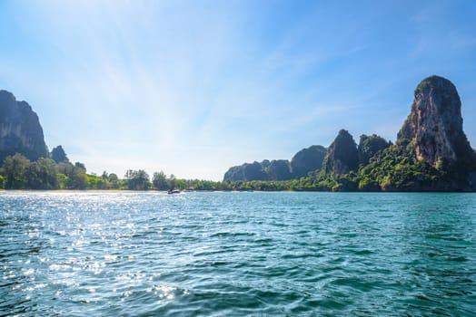 Cliff rocks with azure water in Tonsai Bay, Railay Beach, Ao Nang, Krabi, Thailand.