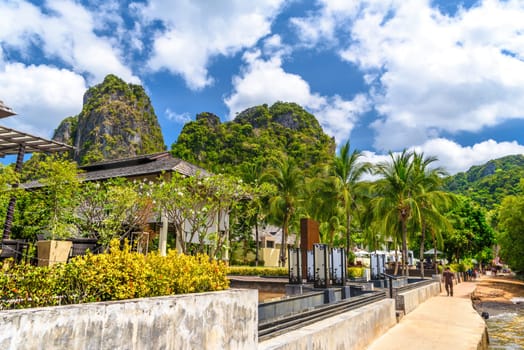 Palms and bungalows houses near the cliffs on Ao Phra Nang Beach, Railay east Ao Nang, Krabi, Thailand.