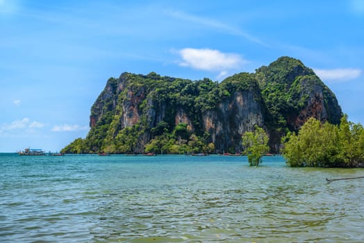 Tropical trees are growing in azure water with cliffs and rocks in the background, Ao Phra Nang Beach, Railay east Ao Nang, Krabi, Thailand.