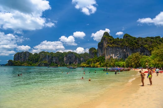 Rocks, water and tropical white sand beach, Railay beach west, Ao Nang, Krabi, Thailand.