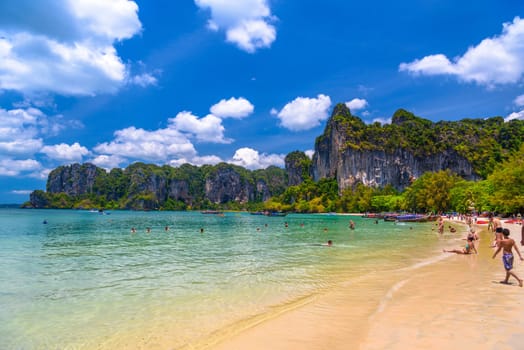 Rocks, water and tropical white sand beach, Railay beach west, Ao Nang, Krabi, Thailand.