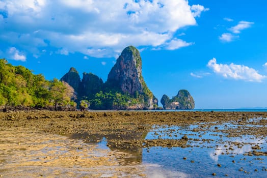 Low tide water on Tonsai Bay, Railay Beach, Ao Nang, Krabi, Thailand.