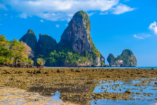 Low tide water on Tonsai Bay, Railay Beach, Ao Nang, Krabi, Thailand.