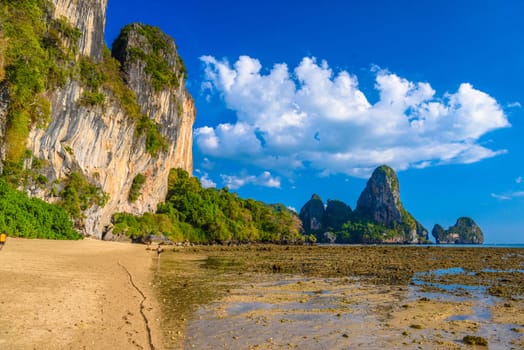 Low tide water on Tonsai Bay, Railay Beach, Ao Nang, Krabi, Thailand.