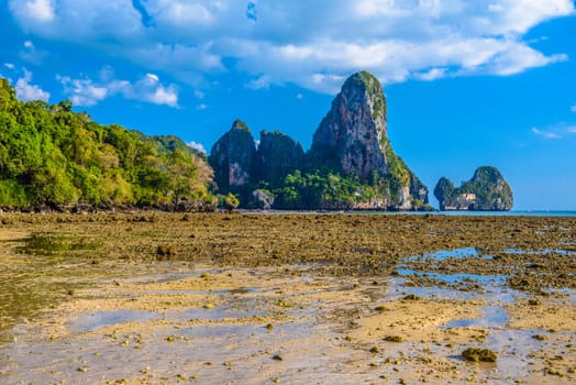 Low tide water on Tonsai Bay, Railay Beach, Ao Nang, Krabi, Thailand.