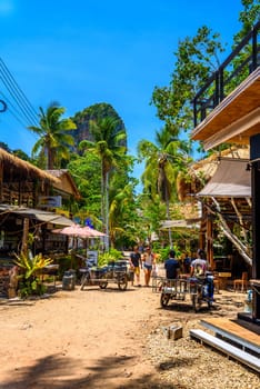 KRABI, THAILAND- MARCH 2018: Houses and different palms in the village on Railay beach west, Ao Nang, Krabi, Thailand.