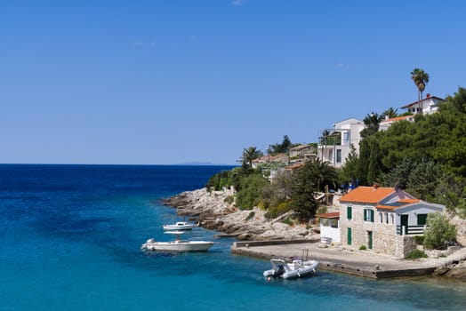 Island of Vis bay aerial view, Dalmatia, Croatia. Europe paradice Vis Island in bay of adriatic sea.