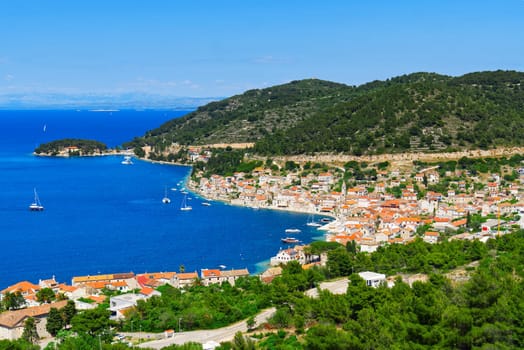 Island of Vis bay aerial view, Dalmatia, Croatia. Europe paradice Vis Island in bay of adriatic sea.