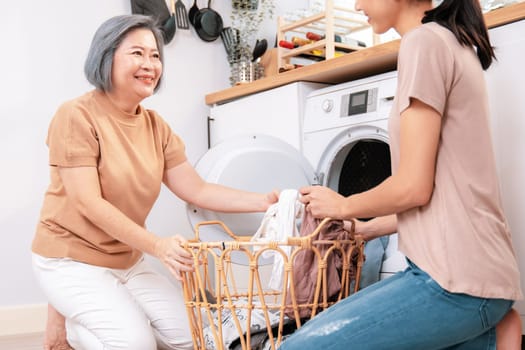 Daughter and mother working together to complete their household chores near the washing machine in a happy and contented manner. Mother and daughter doing the usual tasks in the house.