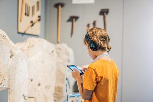 Boy looking at sculptures and listening to audio guide at museum exhibition.