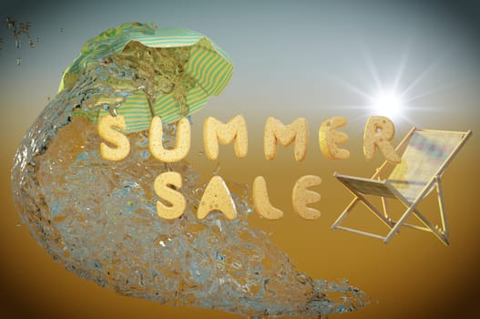 3d summer sale template. Composition of cute water splash. 3d summer sale template. Composition of cute beach object 