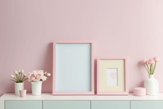 mockup of two picture frames with plants on the side and bright pink colored background