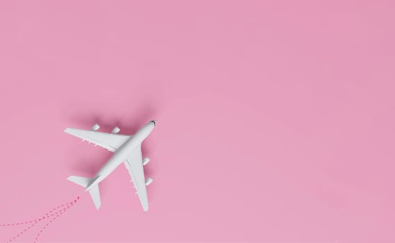 Airplanes on a pink background with Different holiday or business trip destinations. 3D rendering.