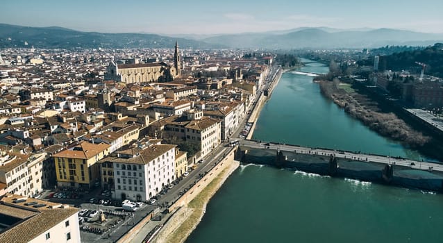 Florence, Italy - February 12, 2023: Aerial view of Florence cityscape and old italian style buildings. High quality photo