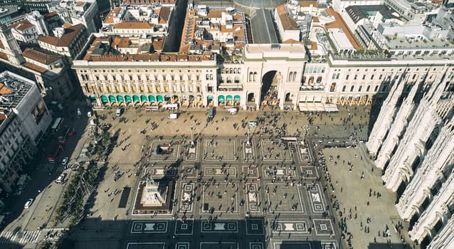 Milan, Italy - February 15, 2023: Aerial view of Duomo Cathedral and Duomo Square in Milan.