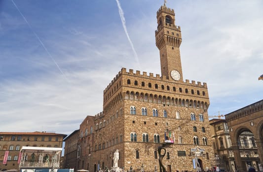 Florence, Italy - 12.02.2023: View of famous tower and Palazzo Vecchio square and Florence cityscape, Italy. High quality photo