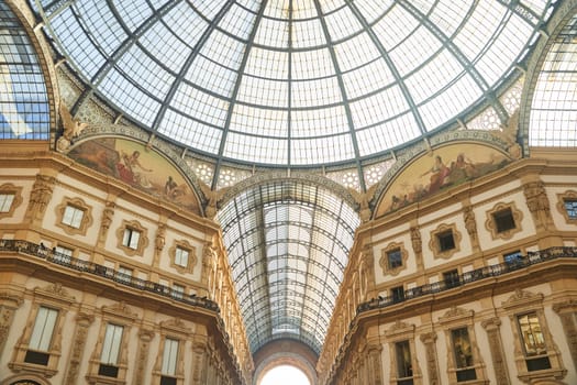 Milan, Italy - February 15, 2023: Interior of the Galleria Victor Emanuele II in Piazza del Duomo.