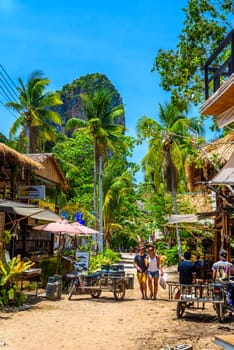 KRABI, THAILAND- MARCH 2018: Houses and different palms in the village on Railay beach west, Ao Nang, Krabi, Thailand.