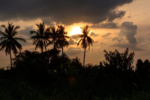 Sun Beam in Dark Clouds and Sky before Thunderstorm.