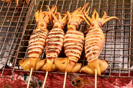 Grilled squid skewer wood is seafood its delicious