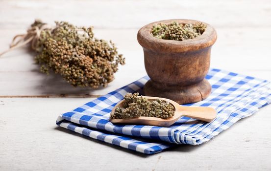 Close up of dried oregano herb inside a bowl