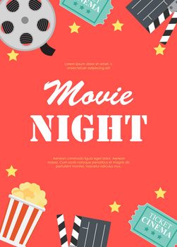 Abstract Movie Night Cinema Flat Background with Reel, Old Style Ticket, Big Pop Corn and Clapper Symbol Icons. Vector Illustration EPS10