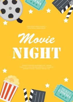 Abstract Movie Night Cinema Flat Background with Reel, Old Style Ticket, Big Pop Corn and Clapper Symbol Icons. Vector Illustration EPS10