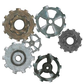 Grey and Brown Gear Composition Isolated on White Background. Steampunk Gears in Motion.