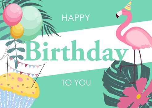 Birthday Card with Flamingo, Balloons and Palm Leaves, Congratulation Template Vector Illustration EPS10
