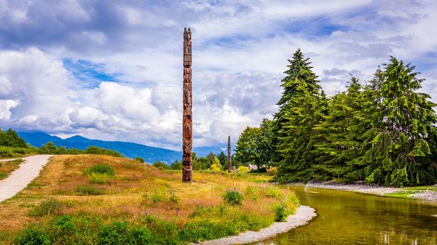 Vancouver, British Columbia, Canada - July 6, 2018: Totem poles in Museum of Anthropolgy at University of British Columbia