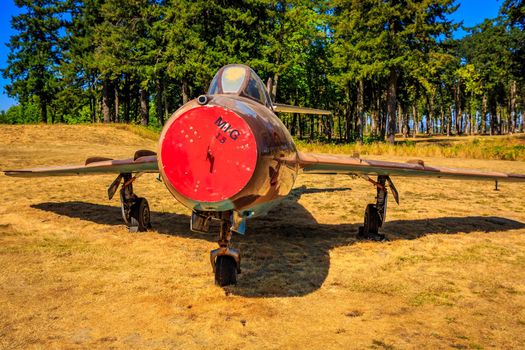 McMinnville, Oregon - August 21, 2017: Mikoyan-Gurevich MiG-15UTI 'Midget' (Shenyang JJ-2) '22 Black' on exhibition at Evergreen Aviation & Space Museum.