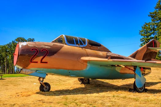 McMinnville, Oregon - August 21, 2017: Mikoyan-Gurevich MiG-15UTI 'Midget' (Shenyang JJ-2) '22 Black' on exhibition at Evergreen Aviation & Space Museum.