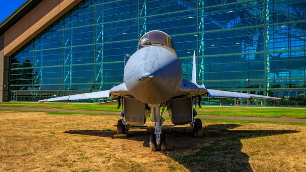 McMinnville, Oregon - August 21, 2017: Mikoyan Gurevich MiG-29 "Fulcrum" on exhibition at Evergreen Aviation & Space Museum.