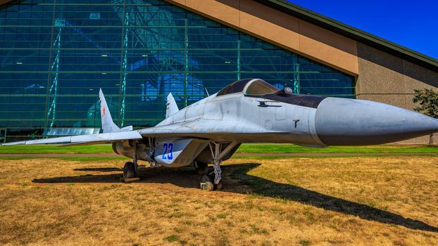 McMinnville, Oregon - August 21, 2017: Mikoyan Gurevich MiG-29 "Fulcrum" on exhibition at Evergreen Aviation & Space Museum.