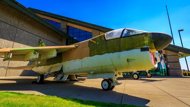 McMinnville, Oregon - August 21, 2017: US Air Force LTV A-7D Corsair II on exhibition at Evergreen Aviation & Space Museum.