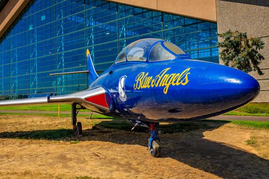 McMinnville, Oregon - August 21, 2017: Grumman TF-9J Cougar fighter aircraft in the color of the "Blue Angels" on exhibition at Evergreen Aviation & Space Museum.