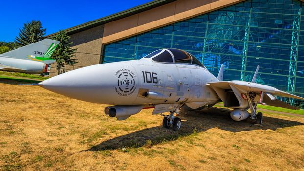 McMinnville, Oregon - August 21, 2017: US Navy Grumman F-14D Super Tomcat on exhibition at Evergreen Aviation & Space Museum.