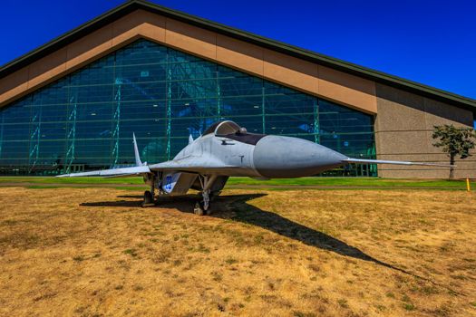 McMinnville, Oregon - August 21, 2017: Mikoyan Gurevich MiG-29 "Fulcrum" on exhibition at Evergreen Aviation & Space Museum.