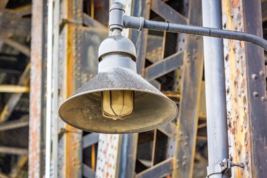 Close-up of vintage lamp at Steel bridge in Portland, Oregon