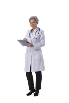 Portrait of mature Asian doctor with stethoscope write on board isolated over white background