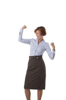 Portrait of happy business woman showing biceps isolated on white background