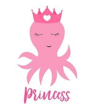 Little cute octopus princess with crown for card and shirt design. Vector Illustration EPS10