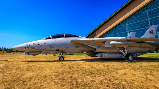 McMinnville, Oregon - August 21, 2017: US Navy Grumman F-14D Super Tomcat on exhibition at Evergreen Aviation & Space Museum.