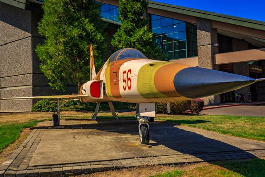 McMinnville, Oregon - August 21, 2017: US Air Force Northrop F-5E Tiger II with desert strip on exhibition at Evergreen Aviation & Space Museum.