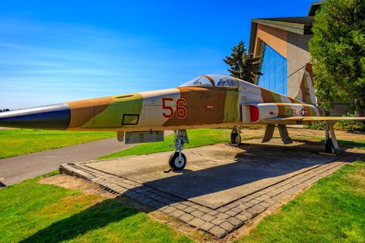 McMinnville, Oregon - August 21, 2017: US Air Force Northrop F-5E Tiger II with desert strip on exhibition at Evergreen Aviation & Space Museum.