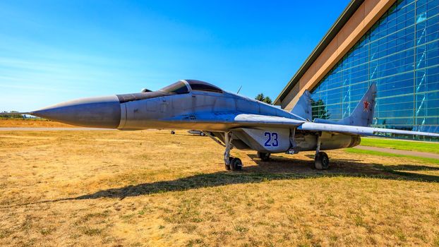 McMinnville, Oregon - August 21, 2017: Mikoyan Gurevich MiG-29 "Fulcrum" on exhibition at Evergreen Aviation & Space Museum.