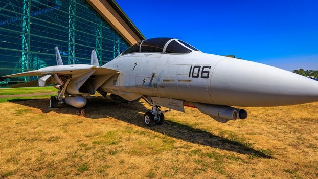 McMinnville, Oregon - August 21, 2017: US Navy Grumman F-14D Super Tomcat on exhibition at Evergreen Aviation & Space Museum.