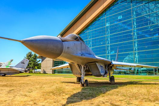 McMinnville, Oregon - August 21, 2017: Mikoyan Gurevich MiG-29 "Fulcrum" on exhibition at Evergreen Aviation & Space Museum.