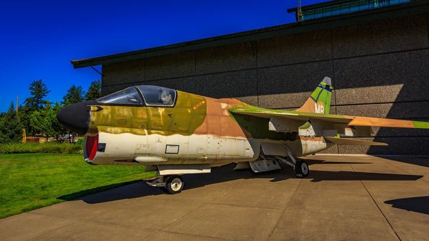 McMinnville, Oregon - August 21, 2017: US Air Force LTV A-7D Corsair II on exhibition at Evergreen Aviation & Space Museum.