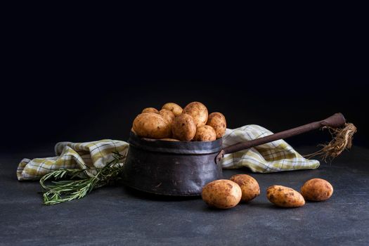 View of new earthy potatoes on dark background